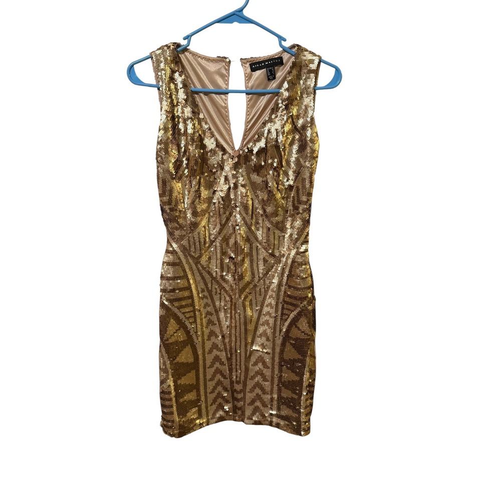 Aidan Mattox Size 4 Gold Sequin Geometric Art Deco V-Neck Mini Cocktail‎ Dress